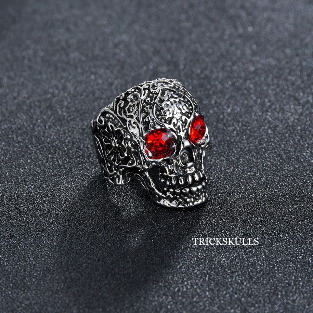 Silver Red Eye Crystal Skull Ring Sugar Skull Vintage Retro Punk Zinc Alloy NEW!
